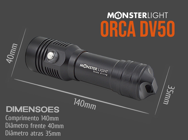 Lanterna mergulho Monsterlight Orca DV50 para fotografia e vídeo 