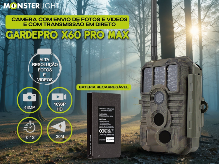 Câmera GardePro X60 Pro Max com bateria aplicação e transmissão em direto