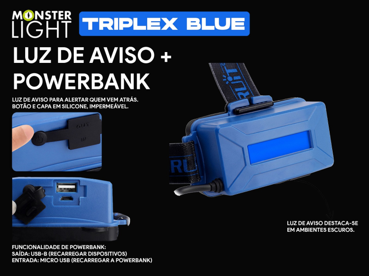 Lanterna de cabeça recarregável Monsterlight Triplex Blue 