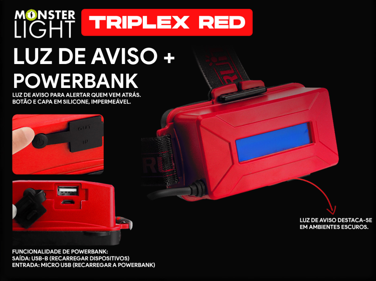 Lanterna de cabeça recarregável Monsterlight Triplex red 