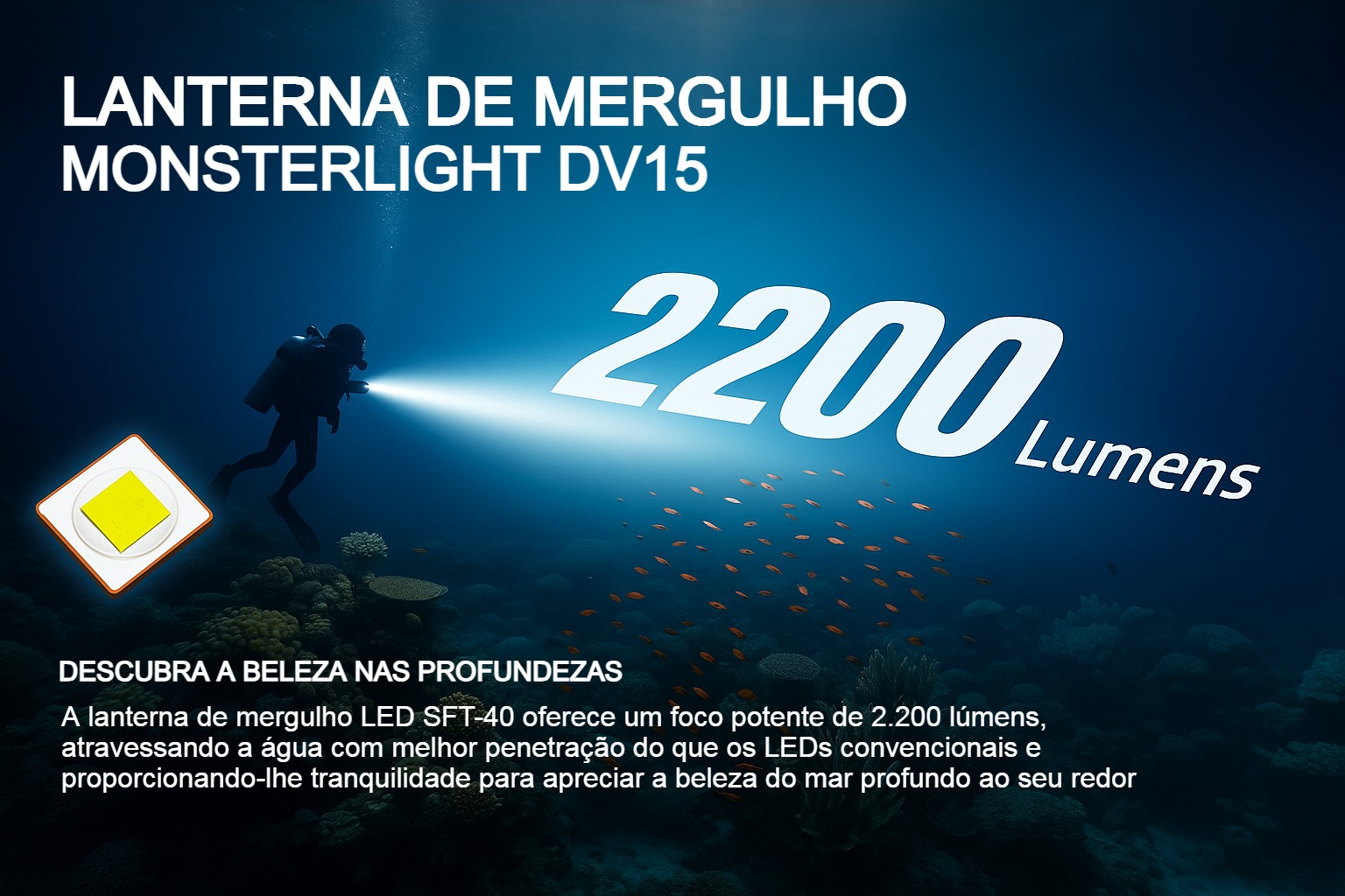 Lanterna de Mergulho D20 com bateria recarregável