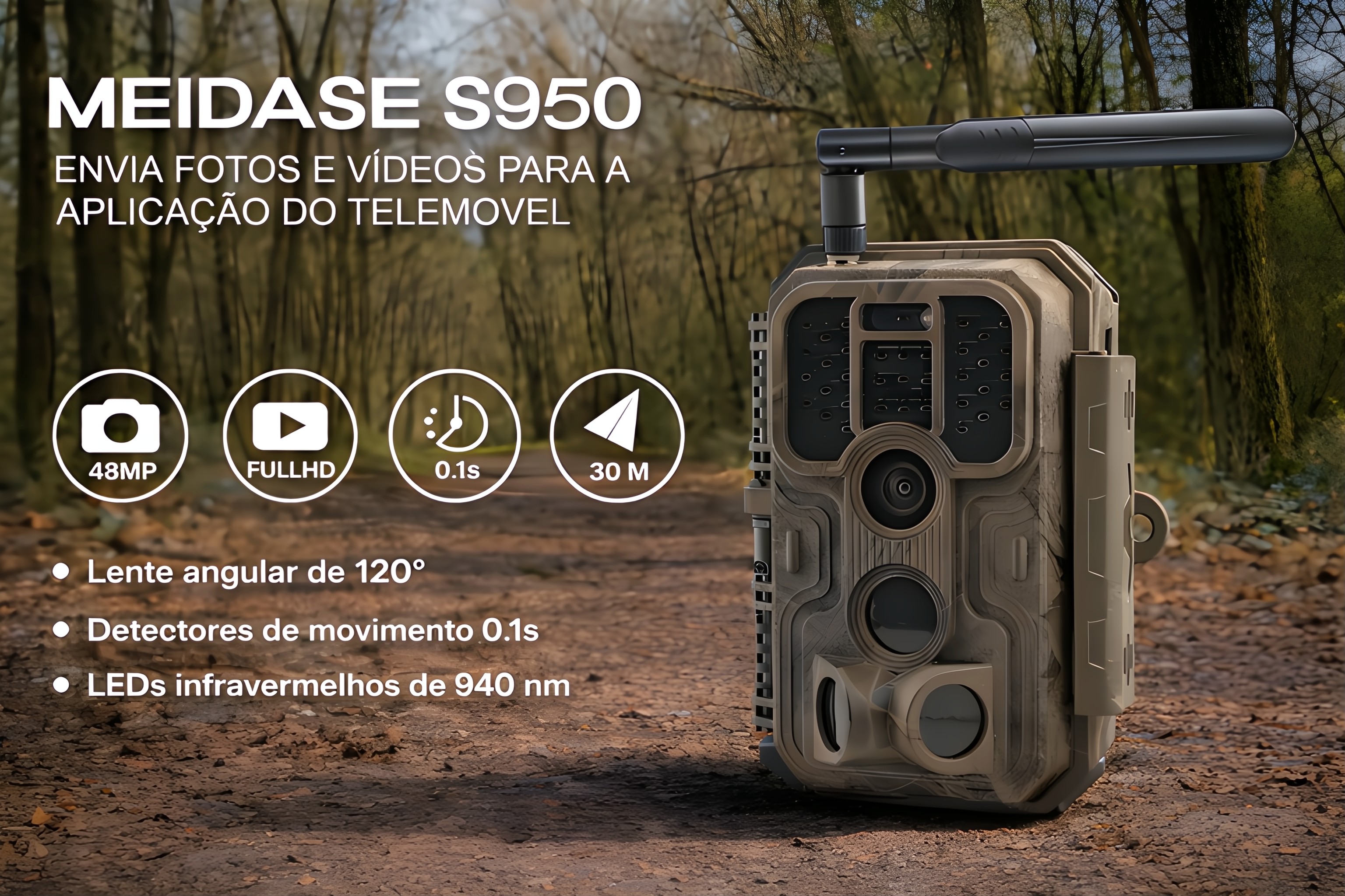Câmera Meidase S950 LTE com aplicação e envio de fotos e vídeos para o seu telemóvel 