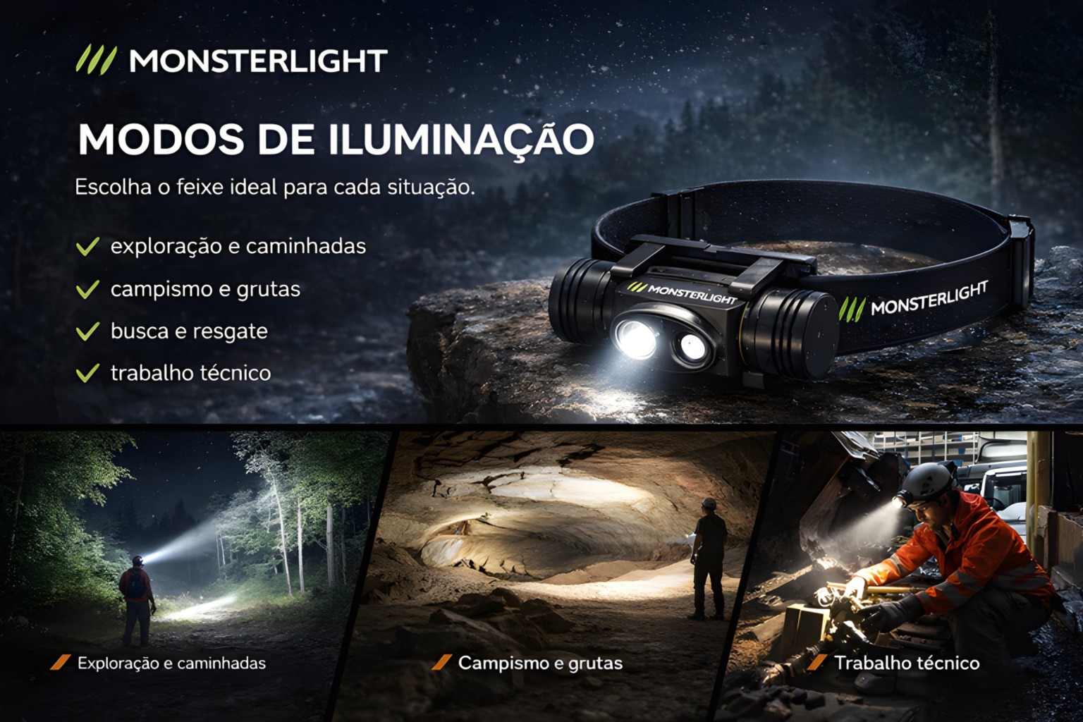 Lanterna de Cabeça Monsterlight com Bateria Recarregável 