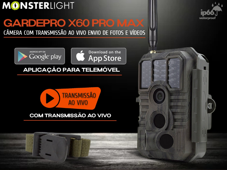 Câmera GardePro X60 Pro Max com bateria aplicação e transmissão em direto