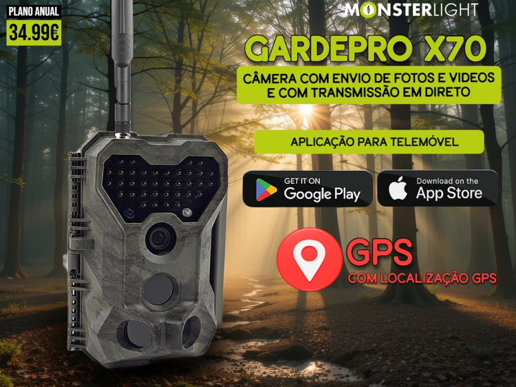 Câmera GardePro X70 com transmissão em direto envio de fotos e vídeos e GPS